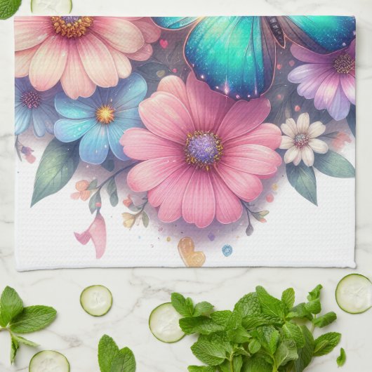 Daisy Flowers with a Beautiful Butterfly Theedoek (Gevouwen)