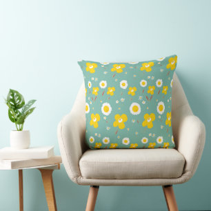 Daisy Flowers Yellow White op Blauwgroen groen Kussen