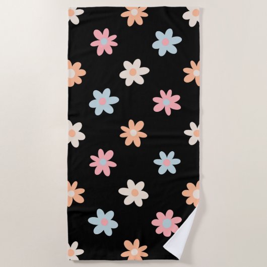 Daisy Flowers Zwart Boho Floral Strandlaken (Voorkant)