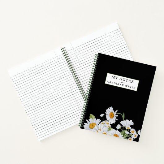 Daisy Flowers Zwarte Achtergrond Gepersonaliseerd Notitieboek (Binnen)