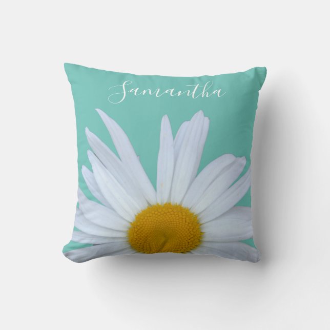 Daisy Foto Blauwgroen Groen Elegant White Script Kussen (Voorkant)