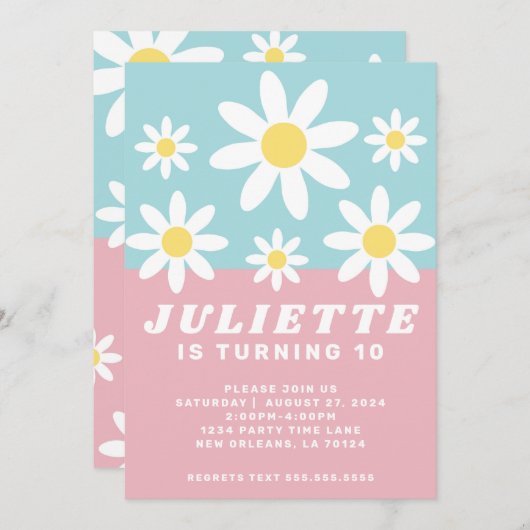 Daisy Fun verjaardagsfeestuitnodiging Kaart (Voorkant / Achterkant)