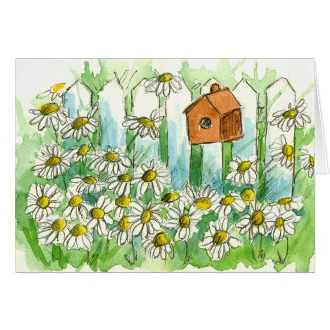 Daisy Garden Vogelhuis Waterverf Bloemen Blank (Voorkant Horizontaal)