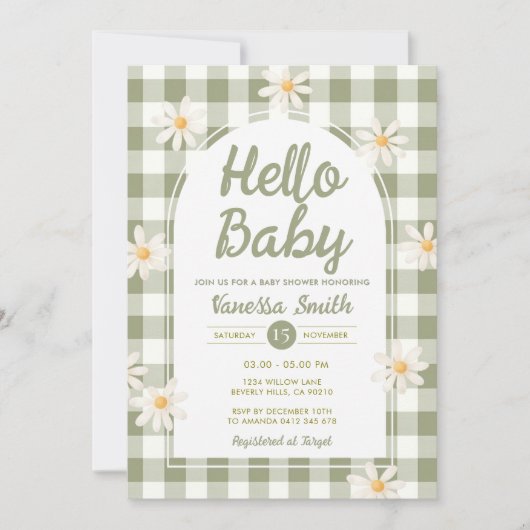 Daisy Gingham Hello Baby Shower Invitation Kaart (Voorkant)
