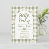 Daisy Gingham Hello Baby Shower Invitation Kaart (Staand voorkant)
