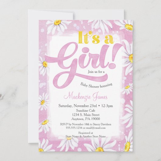 Daisy Girl Baby shower Invitation Pink Yellow Kaart (Voorkant)