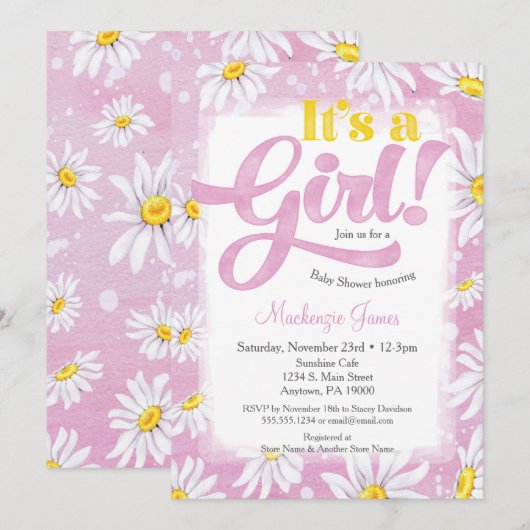 Daisy Girl Baby shower Invitation Pink Yellow Kaart (Voorkant / Achterkant)