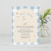  Daisy Goose Baby shower Blue Gingham Kaart (Staand voorkant)