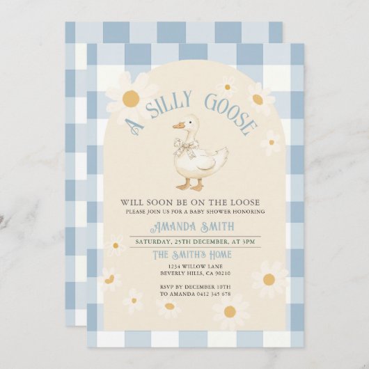  Daisy Goose Baby shower Blue Gingham Kaart (Voorkant / Achterkant)