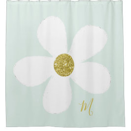 Daisy Green White Simple Floral Gold Personal Douchegordijn