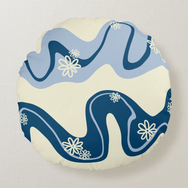 Daisy Groove - Dark Blue, Light Blue en Cream Rond Kussen (Voorkant)