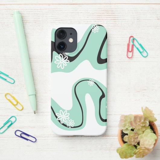 Daisy Groove in Mint Groen, Zwart en Wit iPhone Hoesje (Op bureau)