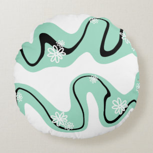Daisy Groove in Mint Groen, Zwart en Wit Rond Kussen