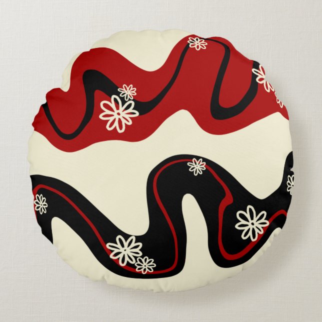 Daisy Groove - Red & Cream Rond Kussen (Voorkant)
