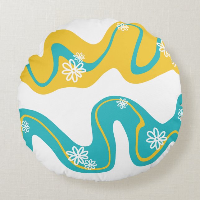 Daisy Groove - Turquoise en Geel Rond Kussen (Voorkant)