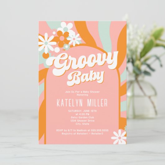 Daisy Groovy Baby shower Invitation Kaart (Staand voorkant)