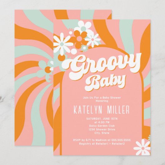 Daisy Groovy Baby shower Invitation Kaart (Voorkant / Achterkant)