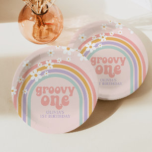 Daisy Groovy Eén Verjaardag in pastel regenboog Papieren Bordje