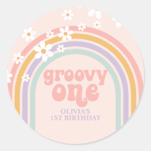 Daisy Groovy Eén Verjaardag in pastel regenboog Ronde Sticker