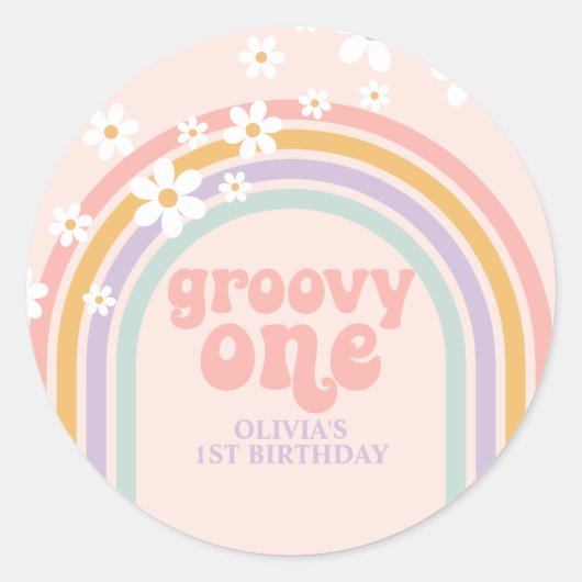Daisy Groovy One pastaelregenboog, eerste verjaard Ronde Sticker (Voorkant)