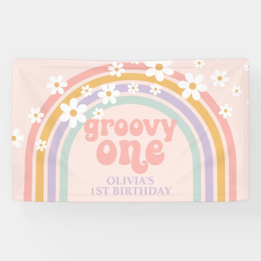Daisy Groovy One pastaelregenboog, eerste verjaard Spandoek (Horizontaal)
