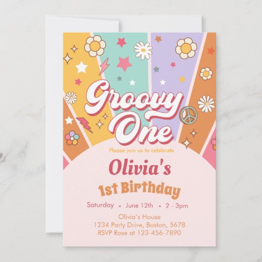 Daisy Groovy One Retro 1e Verjaardag Uitnodiging (Voorkant)