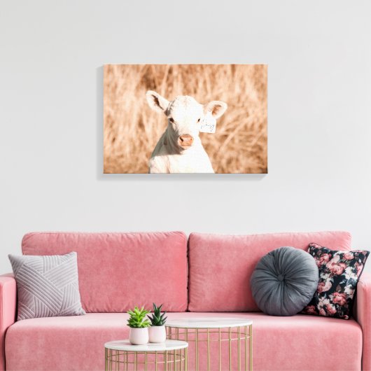 Daisy het Schattigee witte kalf in Golden Meadow Canvas Afdruk (Insitu (Woonkamer))