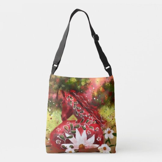 Daisy Horse Abstracte Kunst Rood Wit Groen Bloemen Crossbody Tas (Achterkant)
