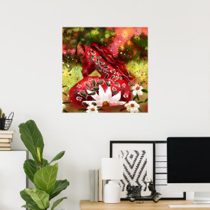 Daisy Horse Abstracte Kunst Rood Wit Groen Bloemen Poster