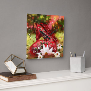 Daisy Horse Abstracte Kunst Rood Wit Groen Bloemen Vierkante Klok