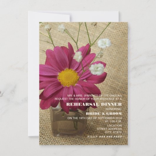 Daisy in Apothecary Bottle Burlap Rehearsal Dinner Kaart (Voorkant)