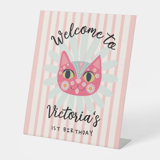 Daisy Kat Face Spint-fect Verjaardagsfeest Reclamebord Met Voetstuk (Voorkant)