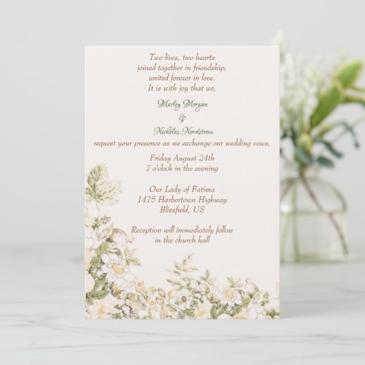 Daisy, Lelie van de Vallei op Ecru bruiloft Kaart (Staand voorkant)