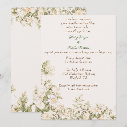 Daisy, Lelie van de Vallei op Ecru bruiloft Kaart (Voorkant / Achterkant)