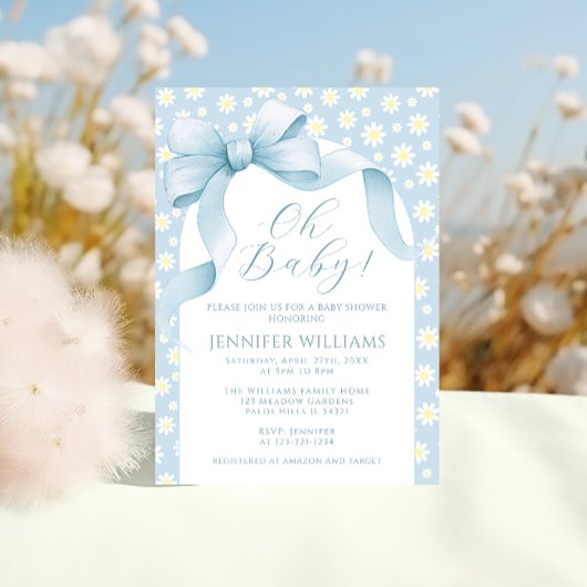 Daisy Lichtblauwe Bloemen Boog Ribbon Baby Boy Dou Kaart