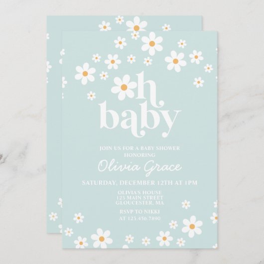 Daisy Light Blue Retro Baby shower Invitation Kaart (Voorkant / Achterkant)