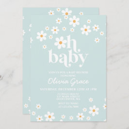 Daisy Light Blue Retro Baby shower Invitation Kaart