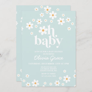 Daisy Light Blue Retro Baby shower Invitation Kaart