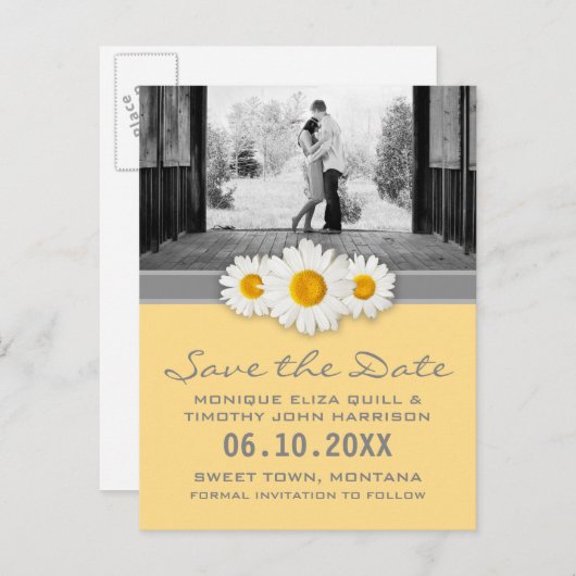 Daisy Lint - Geel Grijs & Wit Save the Date Aankondigingskaart (Voorkant / Achterkant)