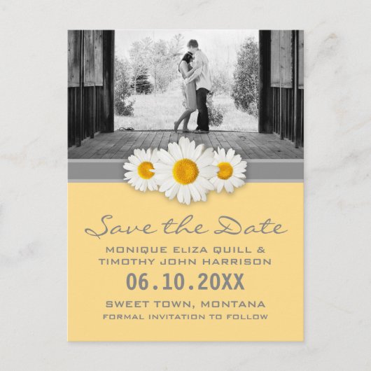 Daisy Lint - Geel Grijs & Wit Save the Date Aankondigingskaart (Voorkant)