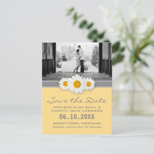 Daisy Lint - Geel Grijs & Wit Save the Date Aankondigingskaart (Staand voorkant)