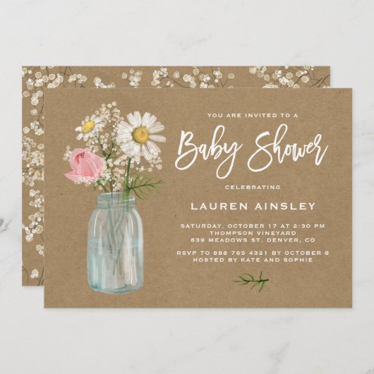 Daisy Mason Jar Kraft Paper Herfst Baby shower Kaart (Voorkant / Achterkant)