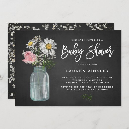 Daisy Mason Jar Rustic Chalkboard Baby shower Kaart (Voorkant / Achterkant)