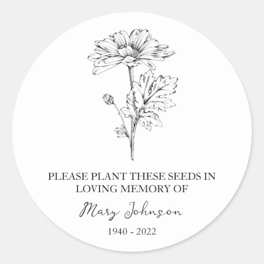 Daisy Memorial Funeral Seed Packet Ronde Sticker (Voorkant)