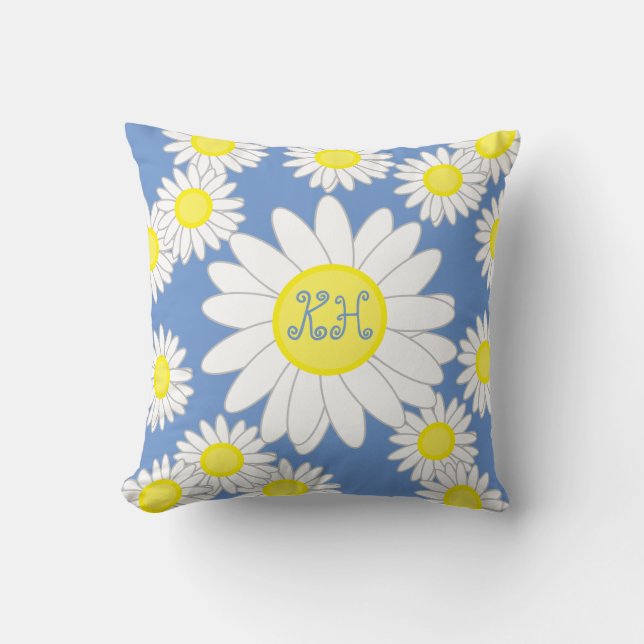 Daisy Monogram blauw wit en geel Kussen (Voorkant)