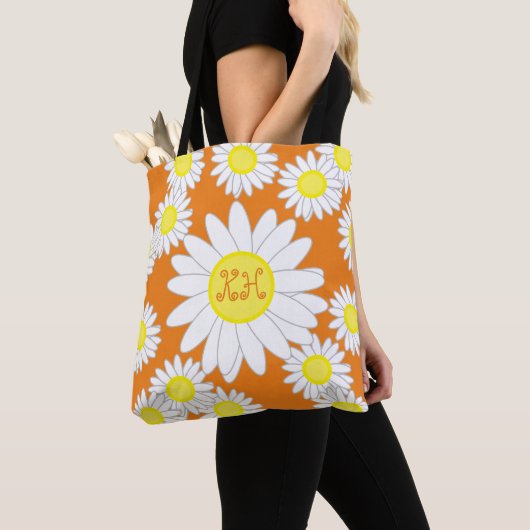 Daisy Monogram Sinaasappel Witte en Gele Canvas ta Tote Bag (Dichtbij)