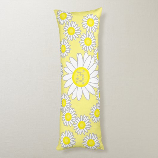 Daisy Monogram Wit en Geel Lichaamskussen (Achterkant (Verticaal))