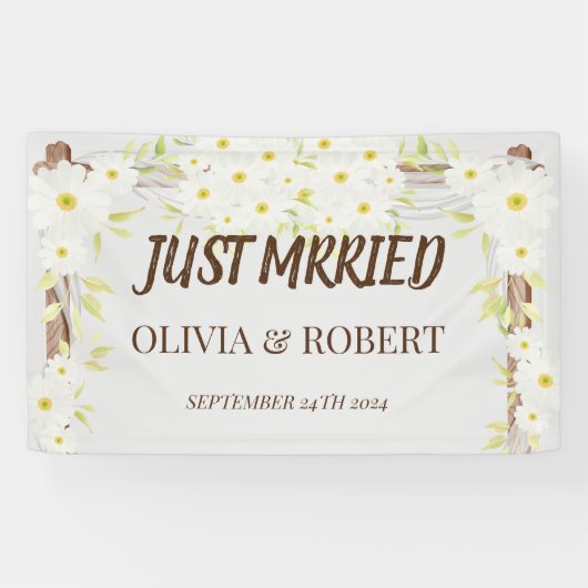 Daisy Net getrouwd bruiloft houten bloemen Spandoek (Horizontaal)