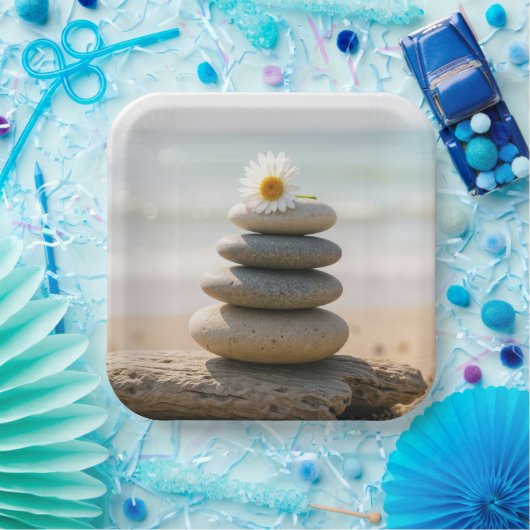 Daisy on a Stone Beach Cairn With Driftwood Papieren Bordje (Feest)