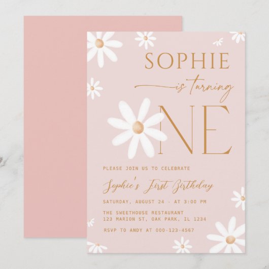 Daisy One Floral Pink 1e verjaardag Kaart (Voorkant / Achterkant)